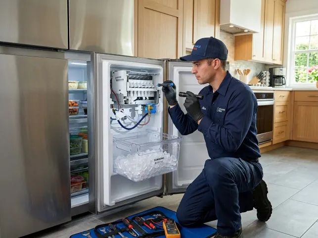 Appliance Repair Hero technician repairing a refrigerator ice maker in Brownsville, OH